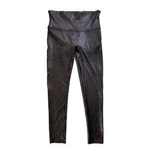 Spanx Faux Leather Leggings Women L Petite Black High Waisted Slimming Crackle